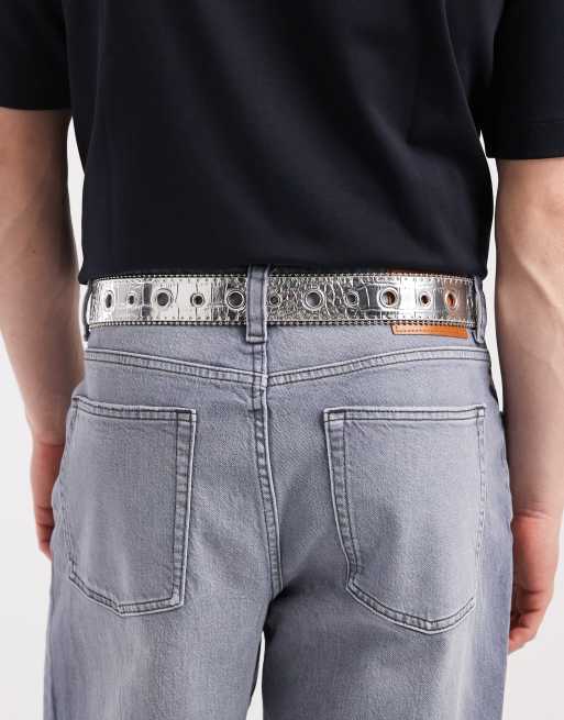 ASOS DESIGN – Silverfärgat, metalliskt, krokodilskinnsmönstrat skärp i cowboystil, 3 av 3