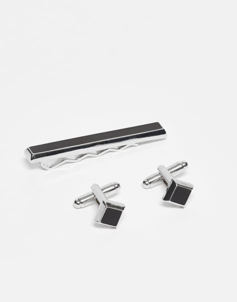 ASOS DESIGN – Silverfärgat och svart set med slipsnål och manschettknappar - view 1