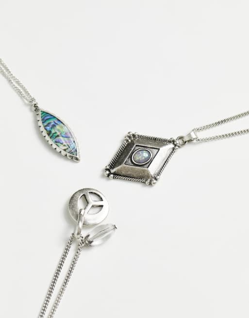 ASOS DESIGN – Silverfärgat set med halsband med fredstecken och hänge med strass, 3-pack, 2 av 4