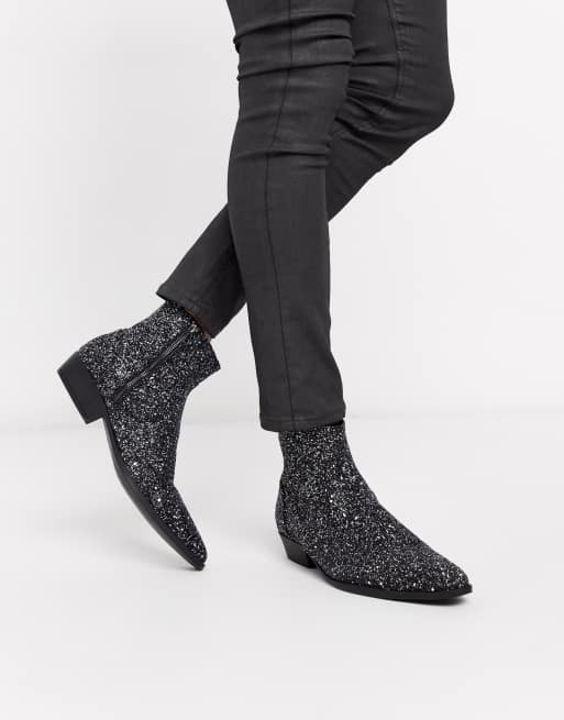 ASOS DESIGN – Silverglittriga chelseaboots i cowboystil med kubansk klack