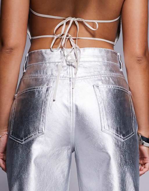 ASOS DESIGN – Silvermetalliska, smala jeans med barrelben, 4 av 5
