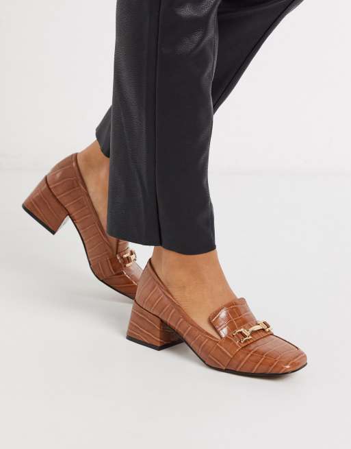 asos design storm chunky mid heeled loafers in black patent