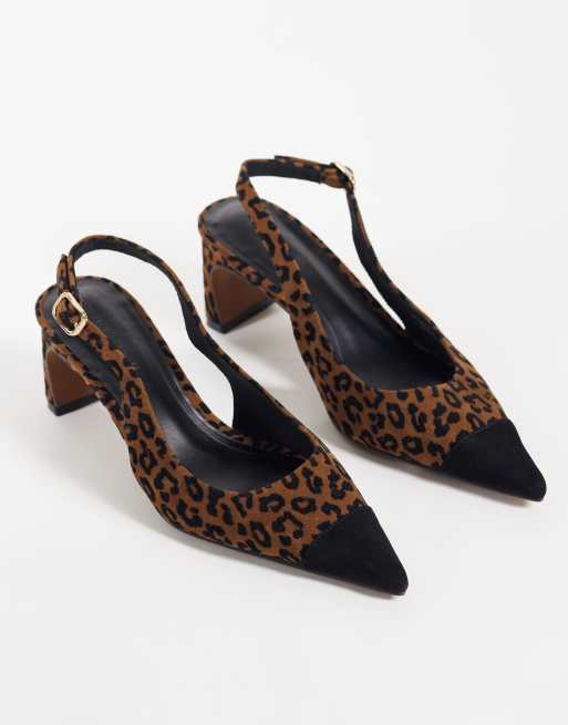 ASOS DESIGN Simba toe cap detail slingback mid heeled shoes in leopard, 2 of 4