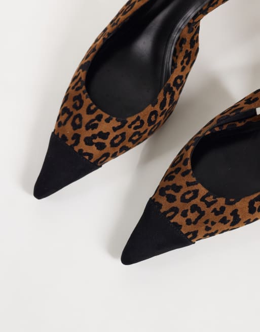 ASOS DESIGN Simba toe cap detail slingback mid heeled shoes in leopard, 3 of 4