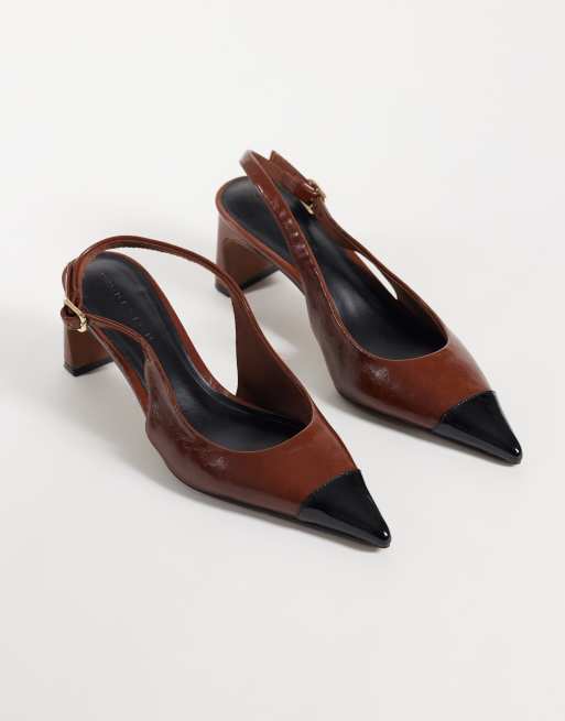 ASOS DESIGN Simba toe cap detail slingback mid heeled shoes in tan and black, 2 of 4