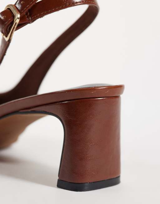 ASOS DESIGN Simba toe cap detail slingback mid heeled shoes in tan and black, 4 of 4