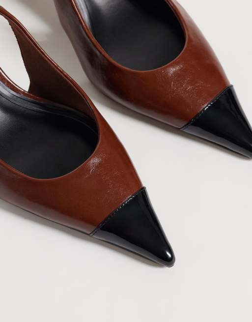 ASOS DESIGN Simba toe cap detail slingback mid-height heeled shoes in tan and black, 3 of 4