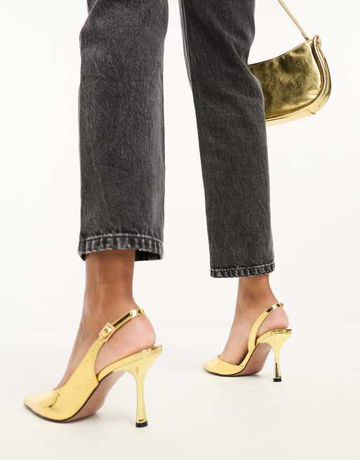 ASOS DESIGN Simmer Schuhe in Gold mit mittelhohem Stilettoabsatz und Fersenriemen ASOS