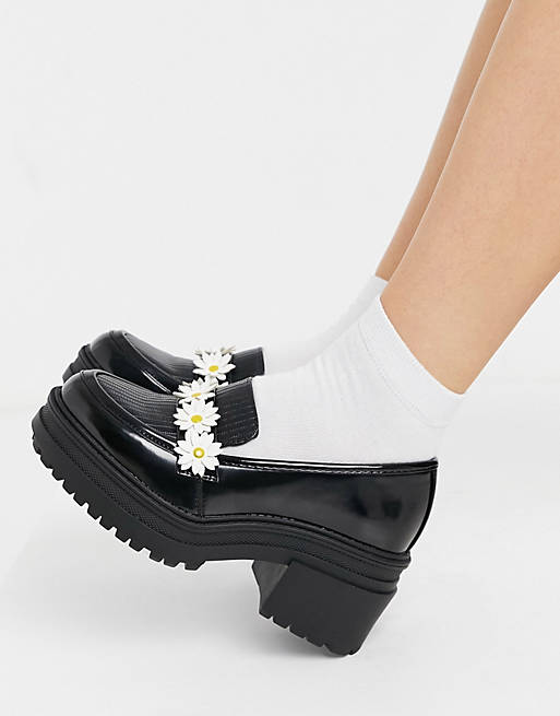 ASOS DESIGN Simone chunky mid-heeled loafer in black with daisies