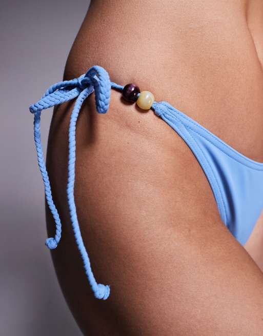ASOS DESIGN – Simone – Niebieski dół od bikini z plecionymi paseczkami i koralikami, 4 z 4