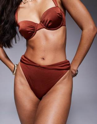 Shop Asos Design Simone Shine High Leg High Waist Bikini Bottoms With Twist Waist Panel-brown