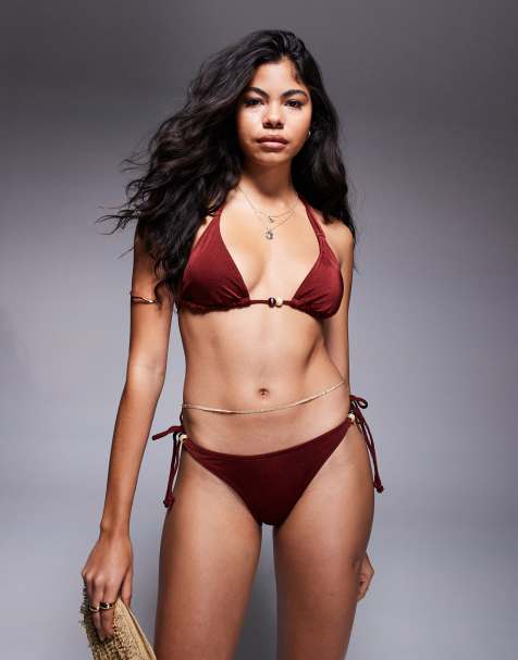 ASOS DESIGN - Simone - Skinnende bordeaux trekantsbikinitop med flettede stropper og perler - view 1