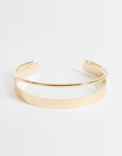 ASOS DESIGN simple bangle with double cuff detail in gold tone - view 1