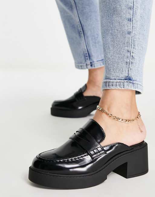 ASOS DESIGN Sina chunky heeled loafer mules in black