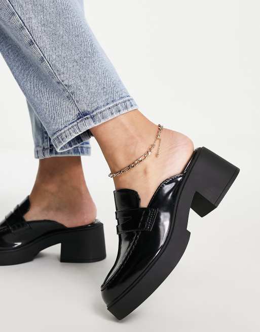 ASOS DESIGN Sina chunky heeled loafer mules in black