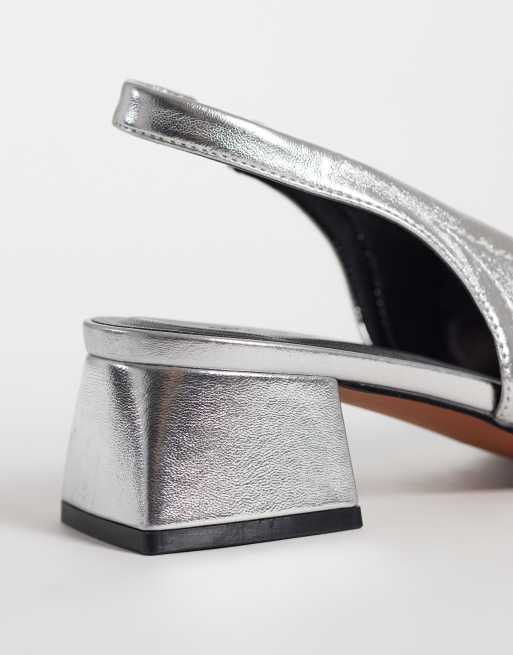 ASOS DESIGN Sindy minimal block heeled slingback in silver, 2 of 5
