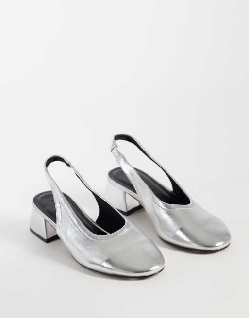 ASOS DESIGN Sindy minimal block heeled slingback in silver, 4 of 5