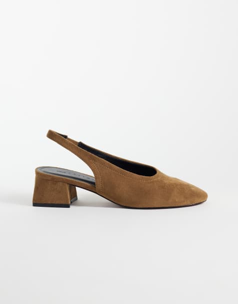 ASOS DESIGN Sindy minimalist block heeled slingback pumps in taupe suedette - view 1