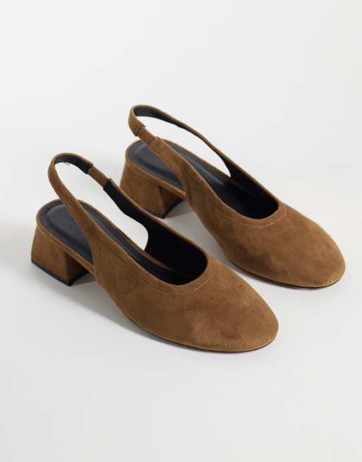 ASOS DESIGN Sindy minimalist block heeled slingback pumps in taupe suedette, 2 of 4