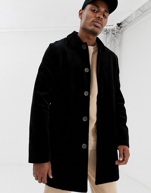 ASOS DESIGN single breasted cord trench coat in black