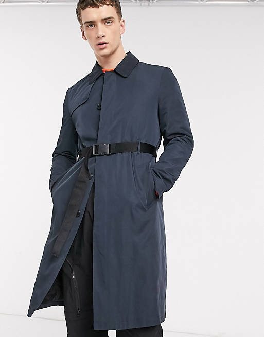 ASOS DESIGN single breasted trench coat with belt in navy | ASOS
