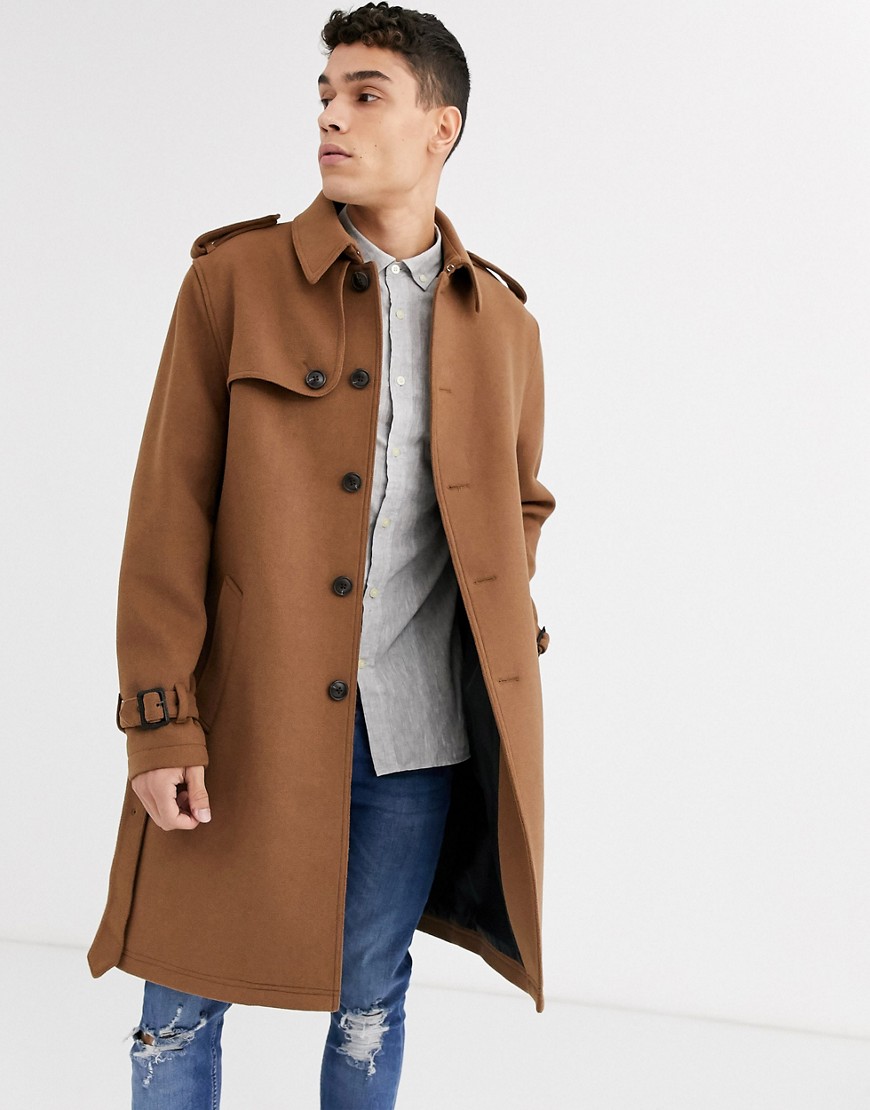 Asos Design Single Breasted Wool Mix Trench Coat In Camel-tan