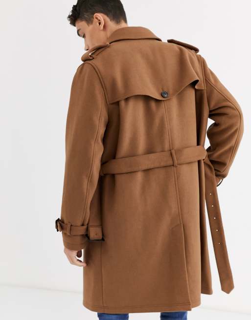 Asos Design Single Breasted Wool Mix Trench Coat In Camel Asos