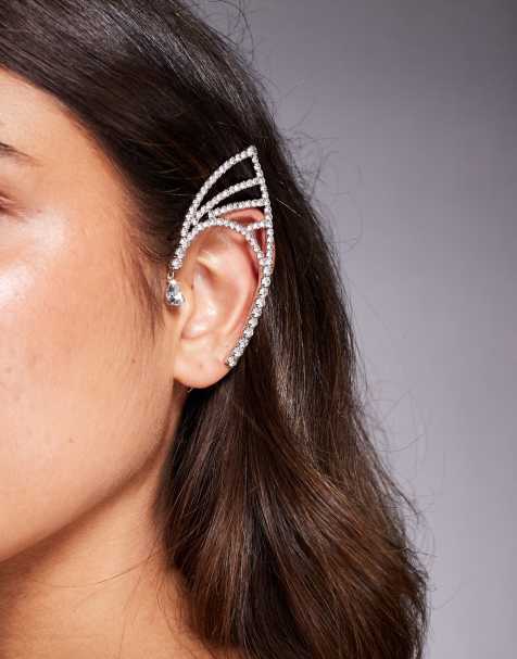 ASOS DESIGN single ear cuff with faux crystal embellishment in silver tone - view 1