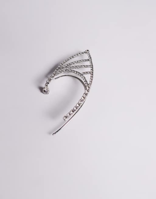 ASOS DESIGN single ear cuff with faux crystal embellishment in silver tone, 2 of 3