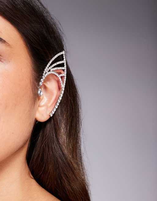 ASOS DESIGN single ear cuff with faux crystal embellishment in silver tone, 3 of 3