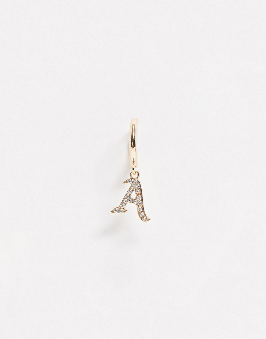 ASOS DESIGN single hoop earring with gothic A initial and swarovski crystal in gold tone