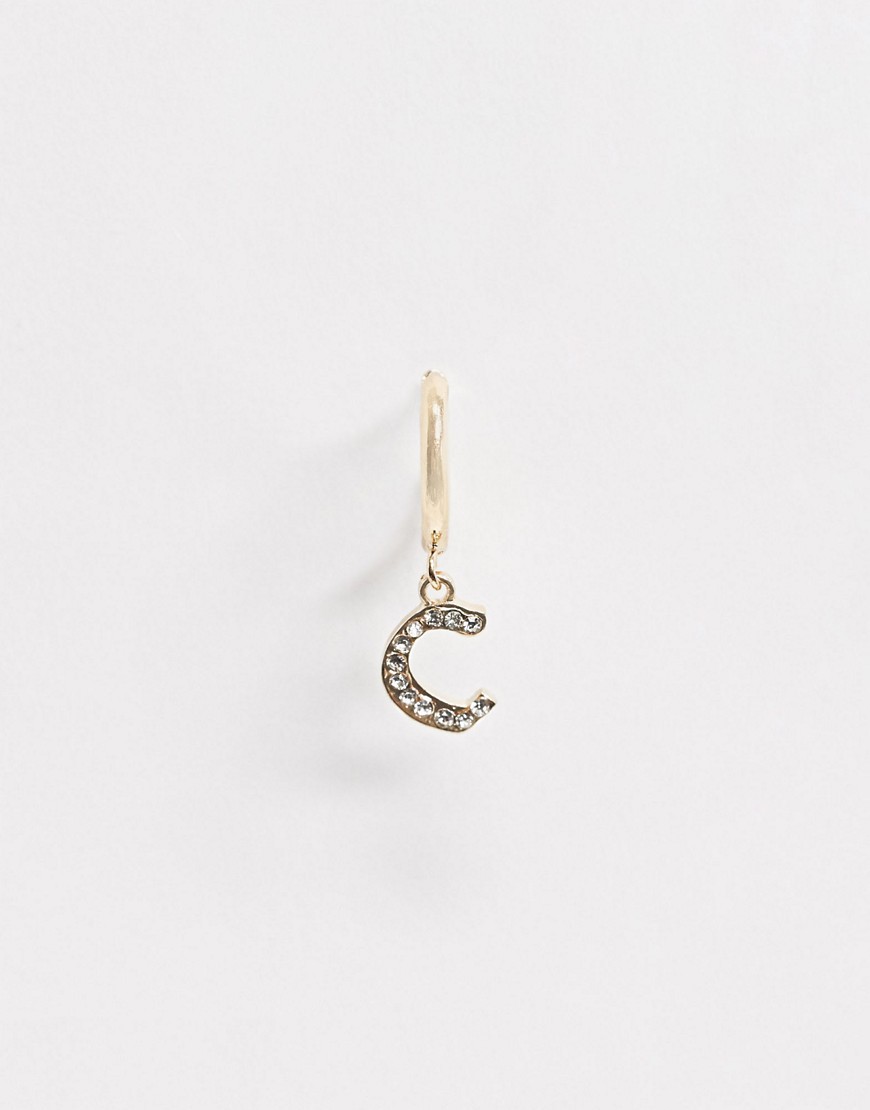 ASOS DESIGN single hoop earring with gothic C initial and swarovski crystal in gold tone