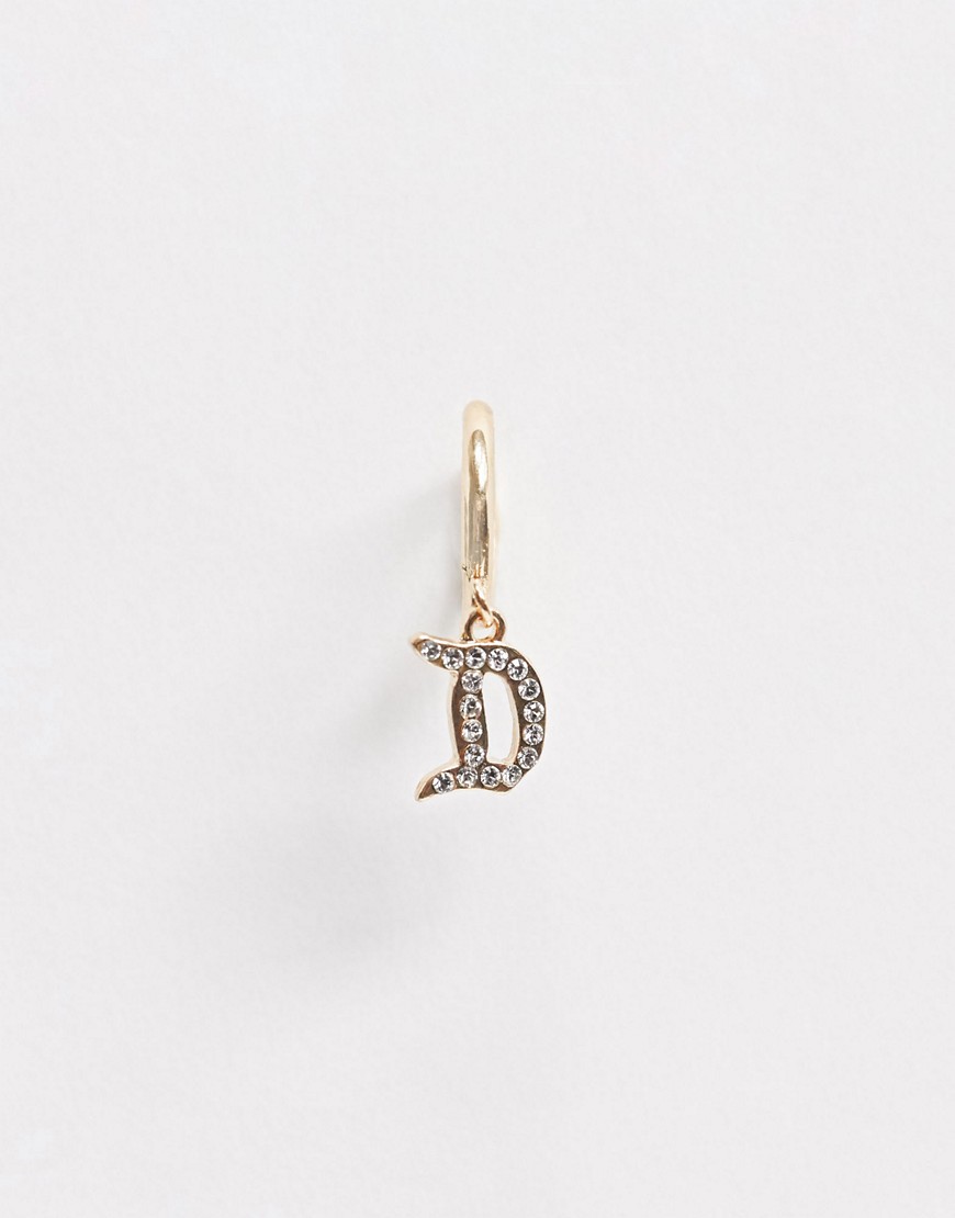 ASOS DESIGN single hoop earring with gothic D initial and swarovski crystal in gold tone