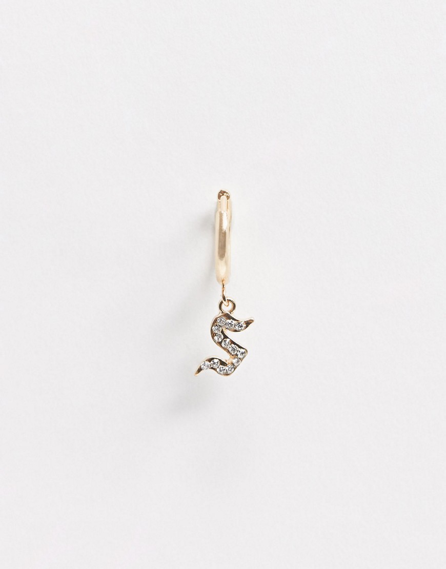 ASOS DESIGN single hoop earring with gothic S initial and swarovski crystal in gold tone