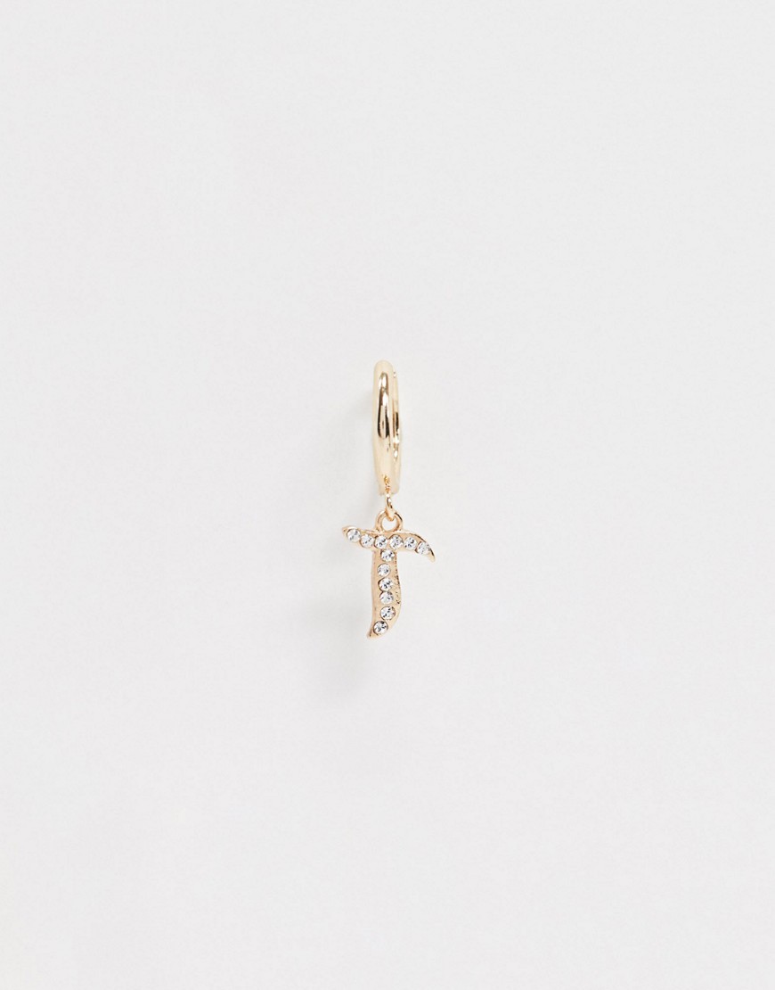 ASOS DESIGN single hoop earring with gothic T initial and swarovski crystal in gold tone