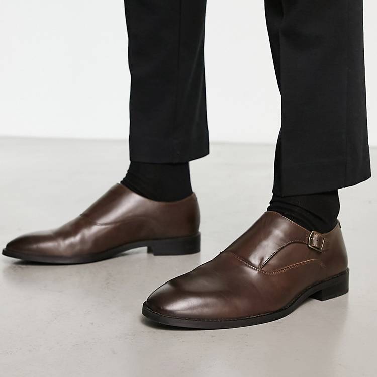 heart guide grass ASOS DESIGN single monk strap shoes in brown leather | ASOS