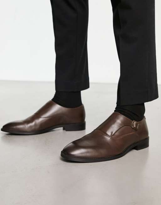 ASOS DESIGN single monk strap shoes in brown leather | ASOS