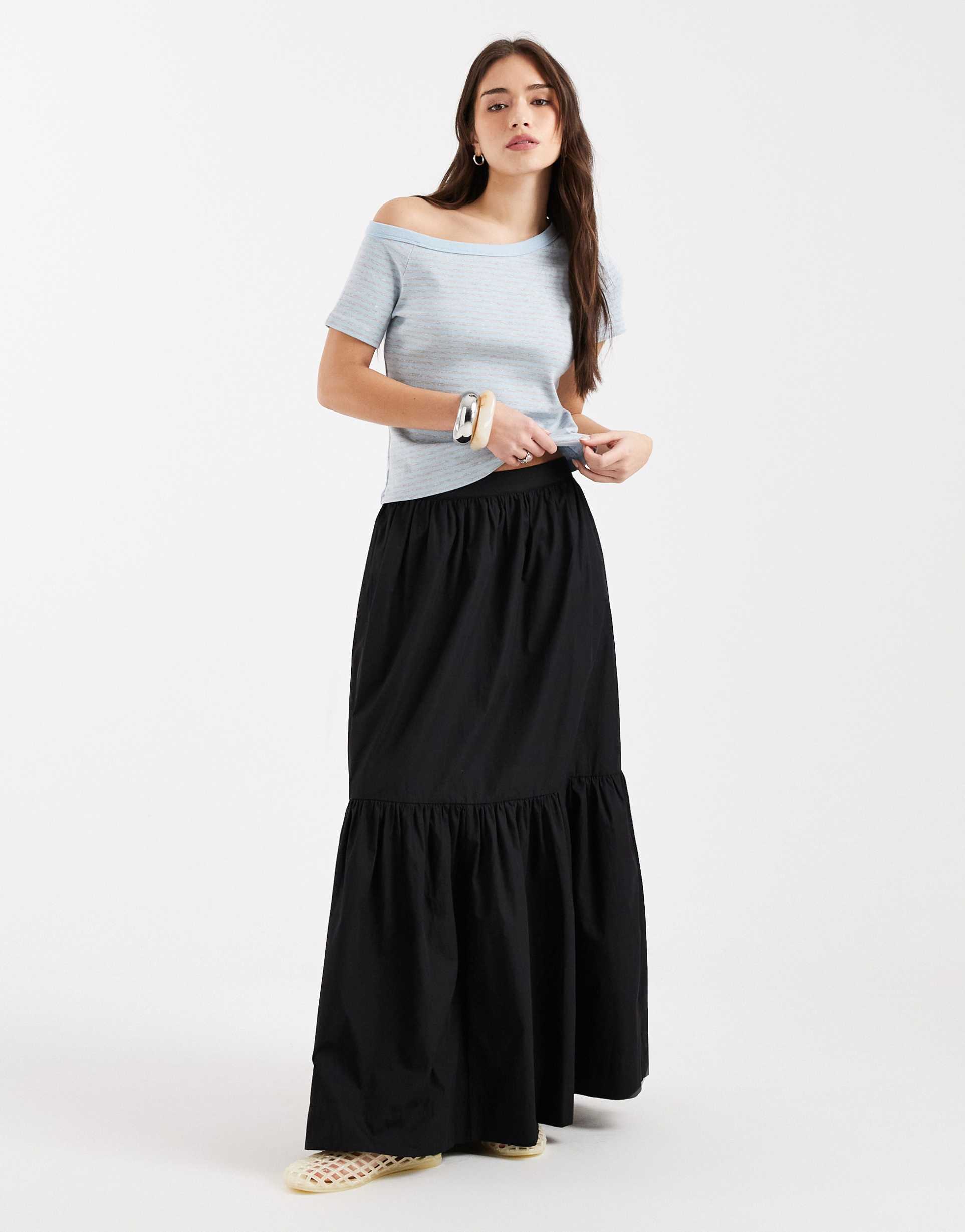 asos design single tiered boho maxi skirt in black