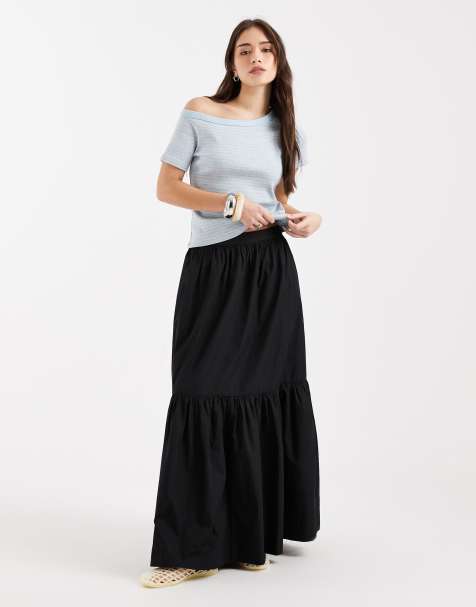 ASOS DESIGN single tiered boho maxi skirt in black