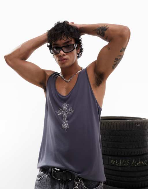 ASOS DESIGN singlet in charcoal with studded chest print
