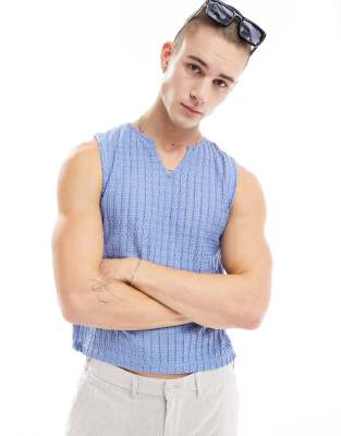 ASOS DESIGN singlet in denim blue texture with notch neckline