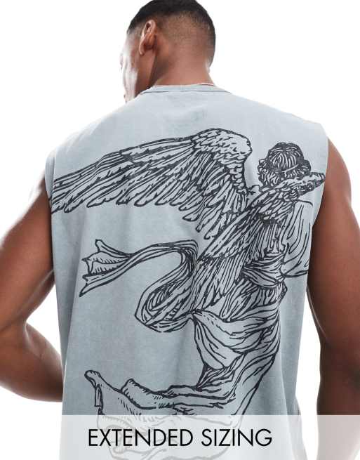 ASOS DESIGN singlet in heavyweight 220gsm washed grey with angel back print