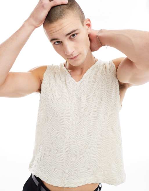 ASOS DESIGN singlet in white texture with notch neckline