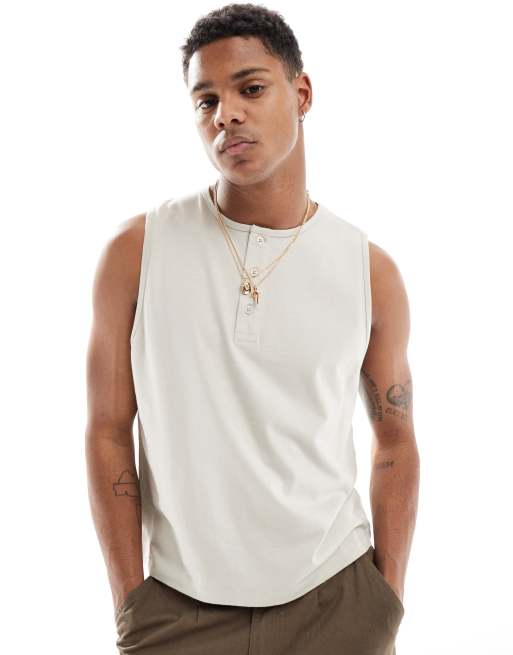 ASOS DESIGN singlet with button up crew neck in stone