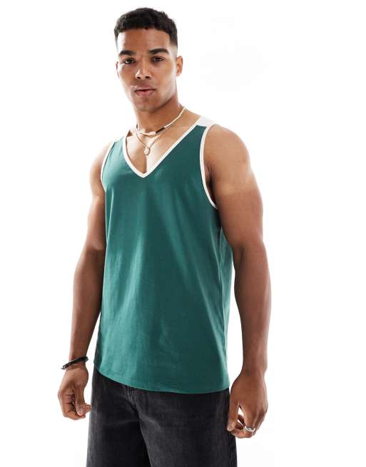 ASOS DESIGN singlet with contrast white binding in green