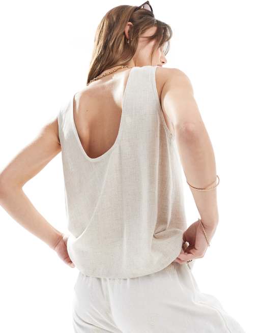 ASOS DESIGN singlet with scoop back in linen blend in stone, 3 of 4