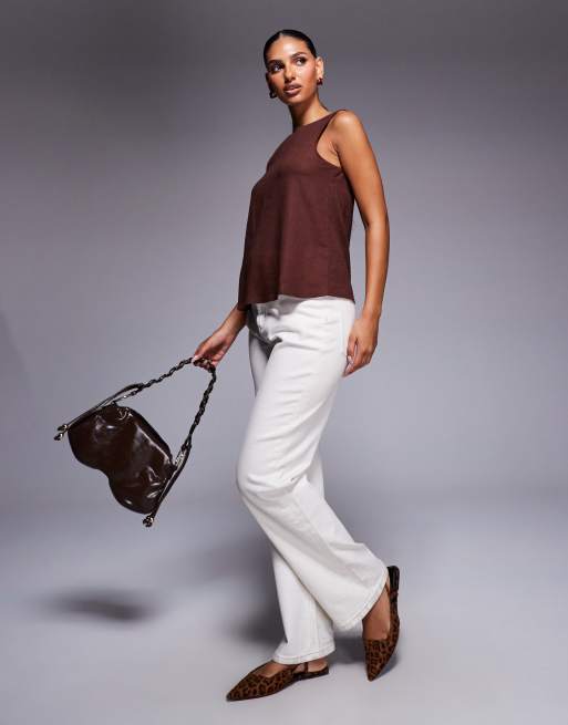 ASOS DESIGN singlet with scoop back in linen look in chocolate, 4 of 4