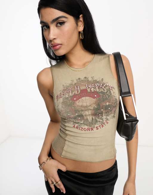 ASOS DESIGN singlet with western graphics and sporty side tabs and hotfix in neutral