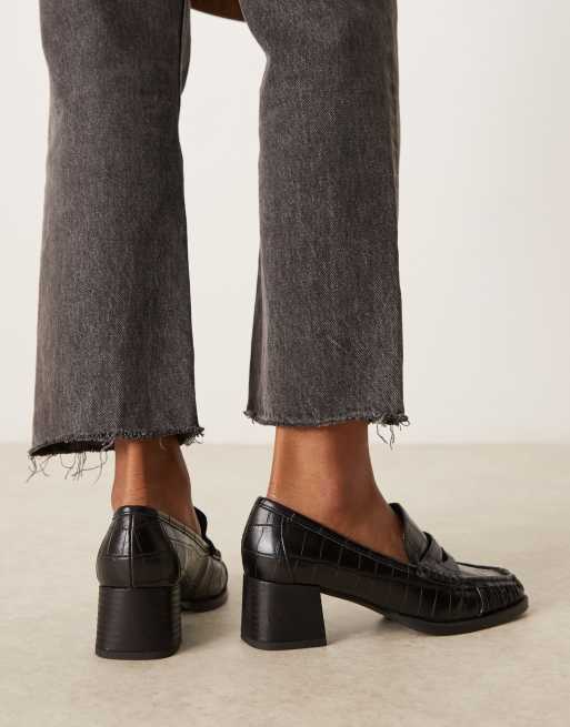 ASOS DESIGN Siren mid heel loafers in black croc | ASOS