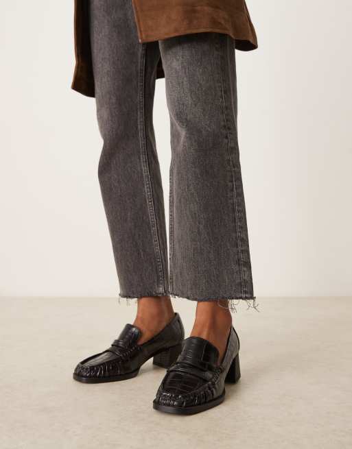 ASOS DESIGN Siren mid heel loafers in black croc, 4 of 4